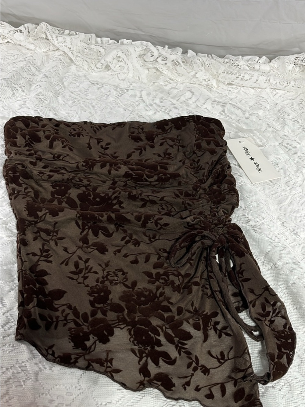 Dark Brown Floral Asymmetrical Tie-Side Tank Top